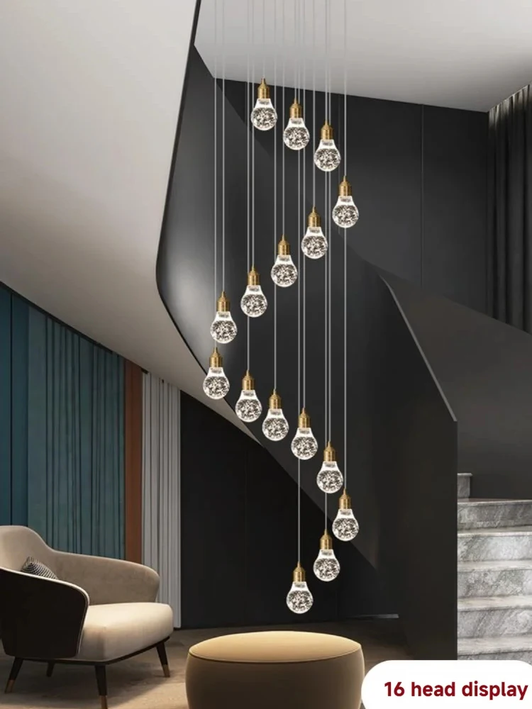 LED Modern Long Line Staircase Pendant Light Villa Luxury Crystal Ball Living Room Pendent Lamp Hotel Lobby Decoration Light
