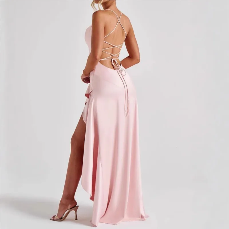 สายสปาเก็ตตี้ต้นขาสูงแยกชุด Maxi เซ็กซี่ผู้หญิงซาตินยืดหยุ่นสูงแขนกุด Backless Club Party Dress