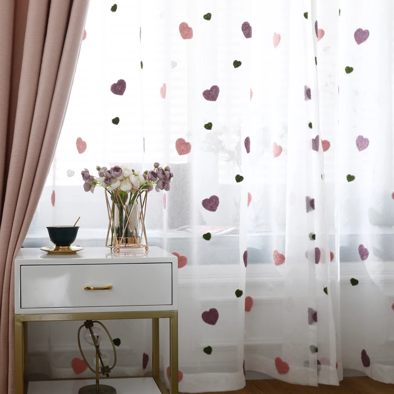 

Kids Room Embroidered Heart Tulle Sheer Curtains Pink Princess Room Cute Cartoon Transparent Voile Window Decoration Rod Pocket