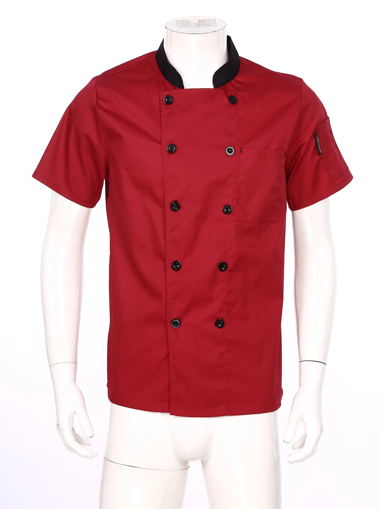 Chaqueta de Chef de manga corta para hombre, camisa de Chef transpirable con cuello levantado, uniforme de cocina de Hotel y restaurante con bolsillos