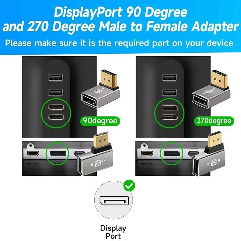 Gold-Plated 90 Degree DP1.4 Adapter Support 8K@60Hz 4K@144Hz HDR Video, Plug & Play DP Extender for PC Gaming Monitor