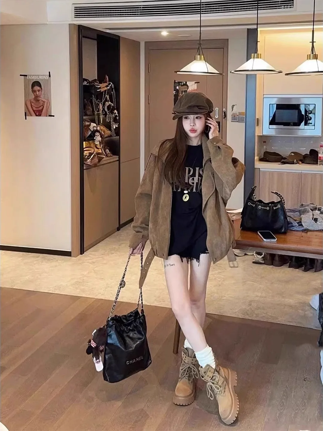 Jaqueta de Couro Premium em Suede para Mulheres, Cor Cé, Estilo Novo para Primavera e Outono, Jaqueta de Trabalho em Couro,...