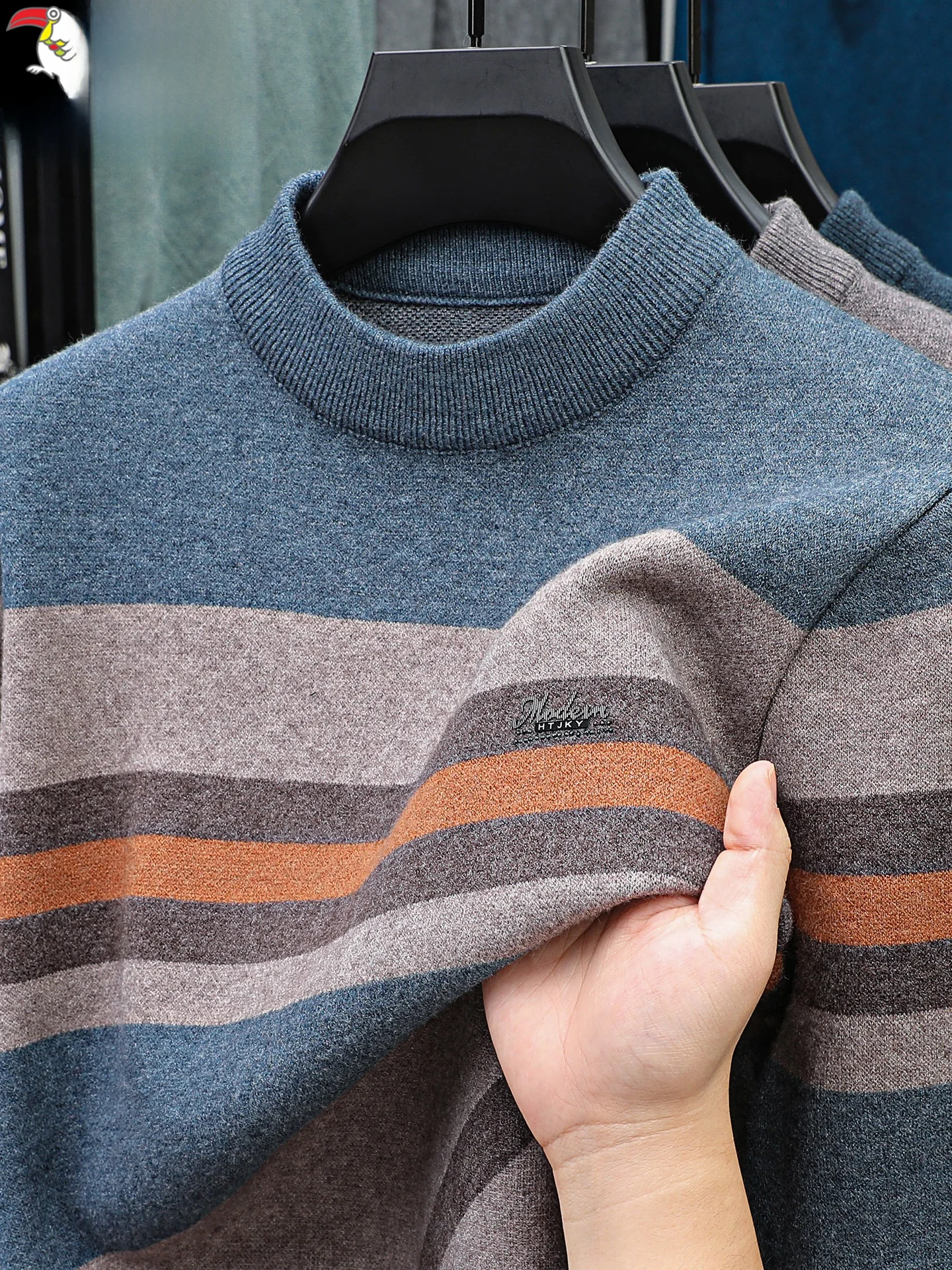 

Утепленный мужской вязаный шерстяной свитер с высоким воротником, осенне-зимний, модный, повседневный, с длинным рукавом, теплый, в полоску