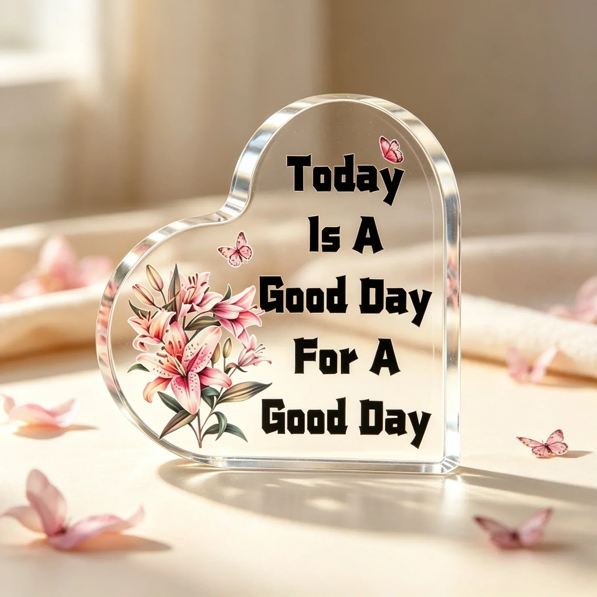 Heart Acrylic Desk Plaque Today Is A Good Day For A Good Day, Pink Lily Butterfly Positive Decor