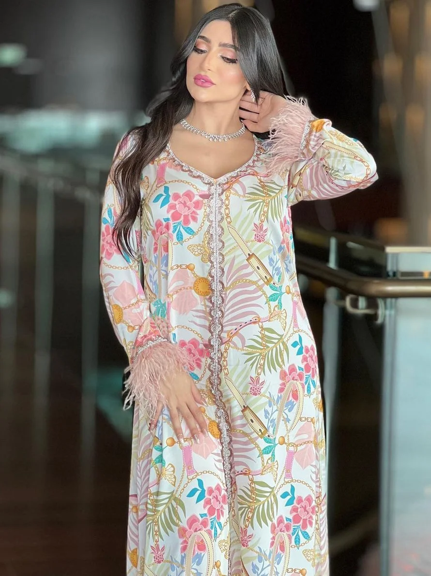 Ramadan Kaftan Dubai Luxury Diamonds Long Dresses Floral Print V-Neck Lace Tape Elegant Casual Party Dress Muslim Women Clothing