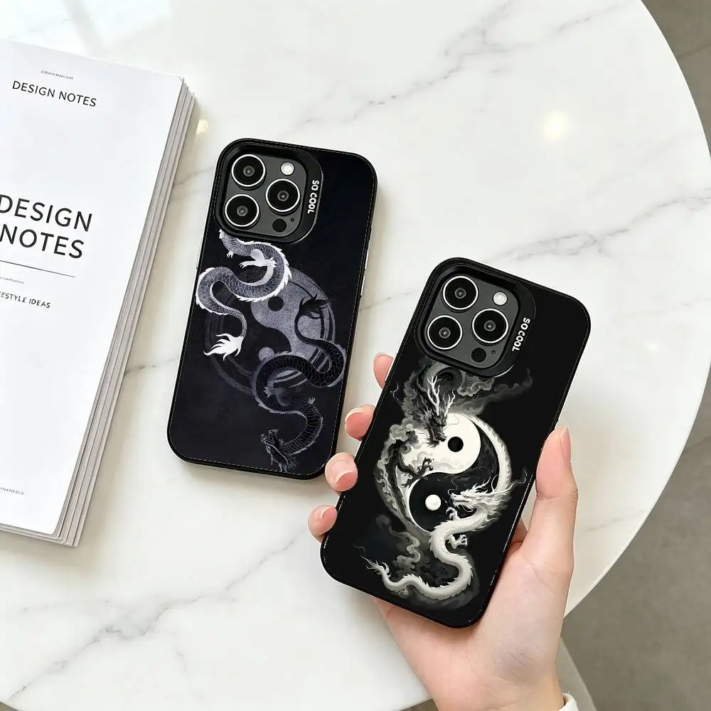 Japanese Art Dragon Yin Yang Phone Case For iPhone 17,16,15,14,13,12,11 Plus,Pro Max,XS,Colorful Silver Phone case Funda Cover