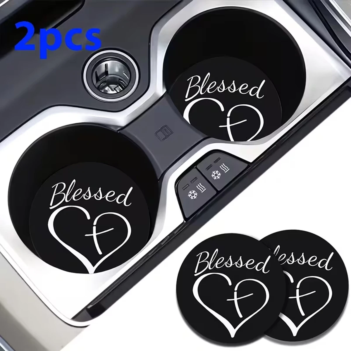 Blessed Heart Cross Car Coaster Two-Piece Set features a black base with simple white line prints, versatile for all types of ca