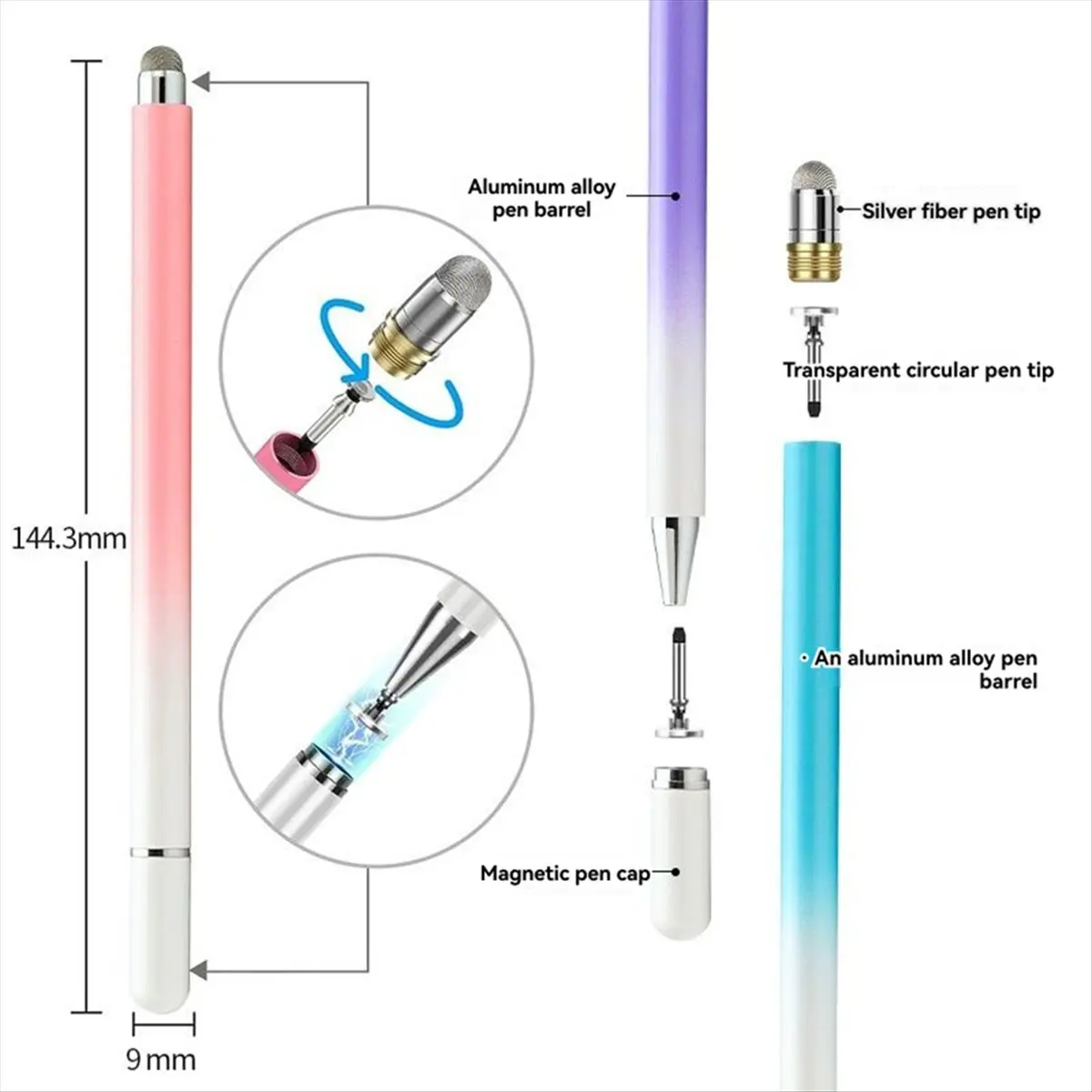 Punctual- 3 Pack Stylus Pens for Touch Screen,Universal Stylus Pen with Disc Tips and Extra Fiber Tips for Tablets Phones