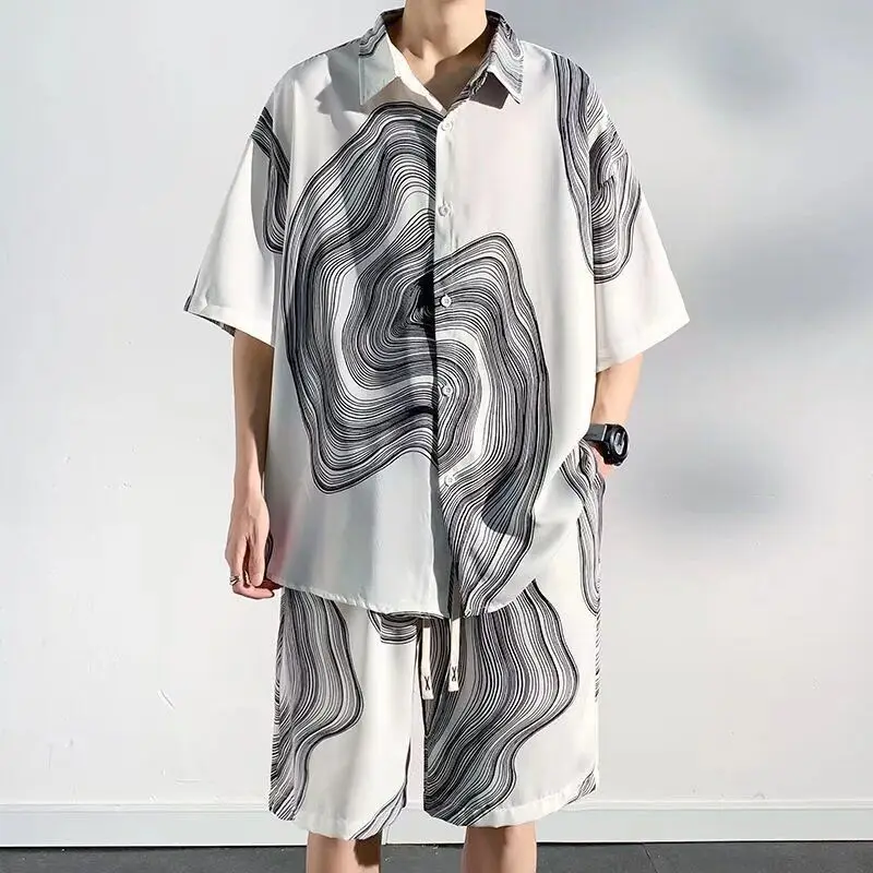 Ice Silk New Chinese-style Suit for Men Summer Thin Loose Large-size Fat Shirt Tie-dyeShort-sleeved Two-piece Suit Individuality