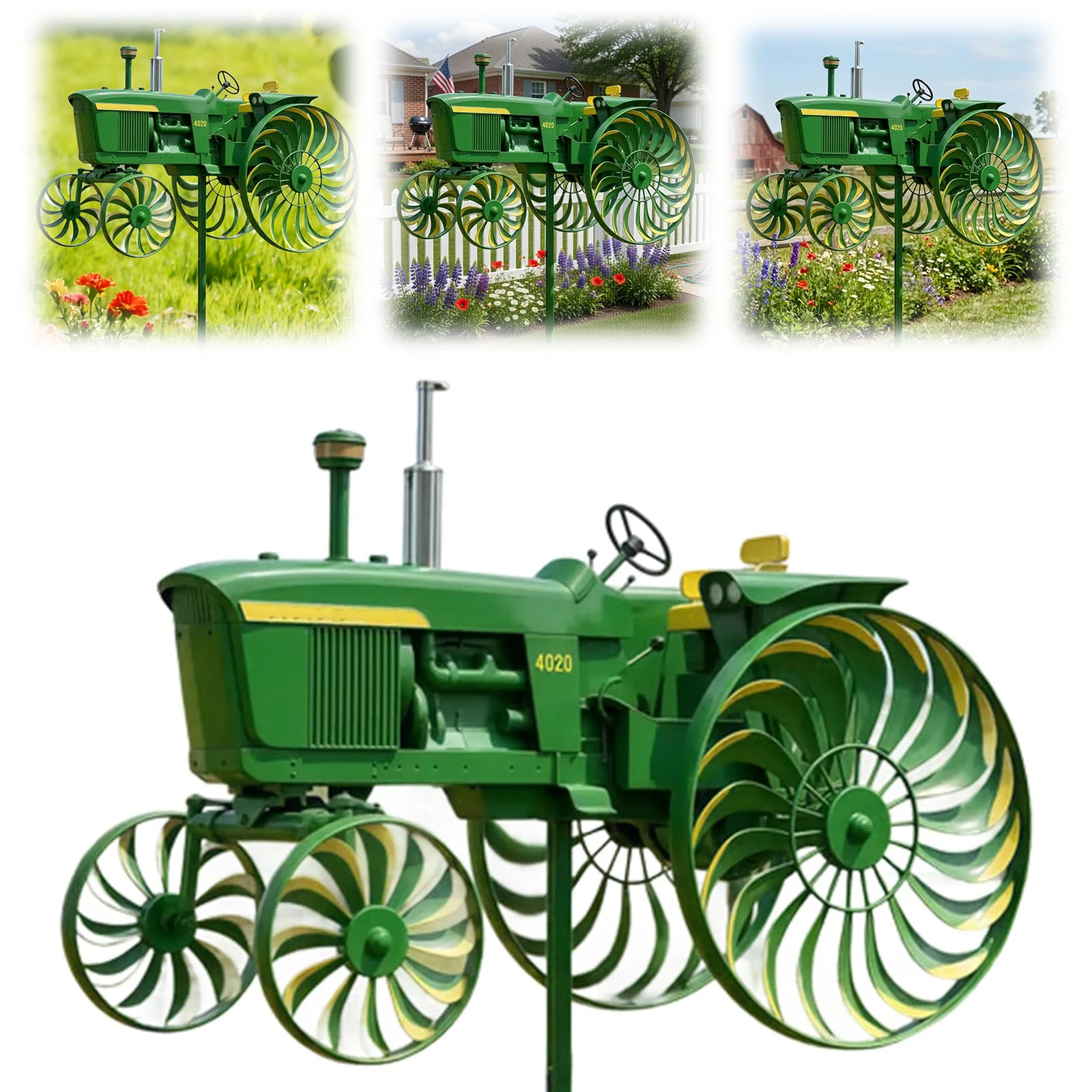 Tractor Wind Sculpture with Rotating Wheels Green Tractor Windmill Stake Decorative Windmill for Garden Yard Patio Lawn Decor view 5