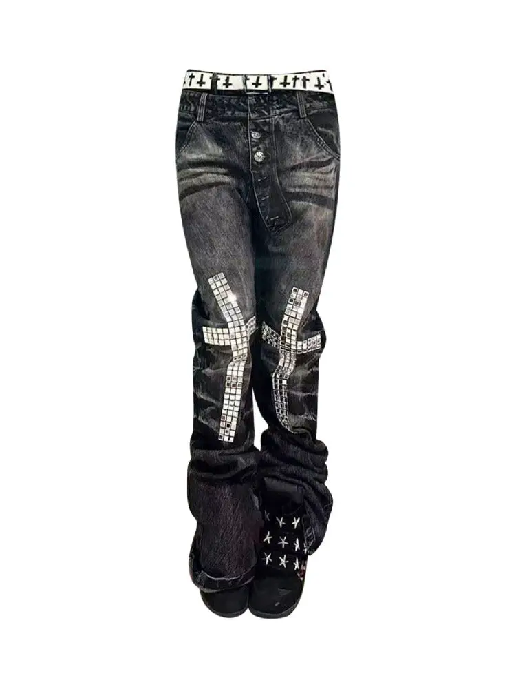 American High Street Style Rhinestone Slim Fit Straight Leg Jeans Men's Summer New Arrival Fashionable Bootcut Long Pants
