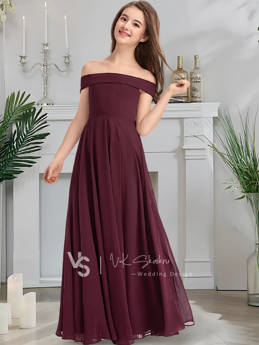 Ein A-Linie-Kleid für junge Brautjungfern, Blumenmädchenkleid, bodenlang, schulterfrei, ärmellos, Chiffon, für Mädchen, Hochzeit, Party, formell