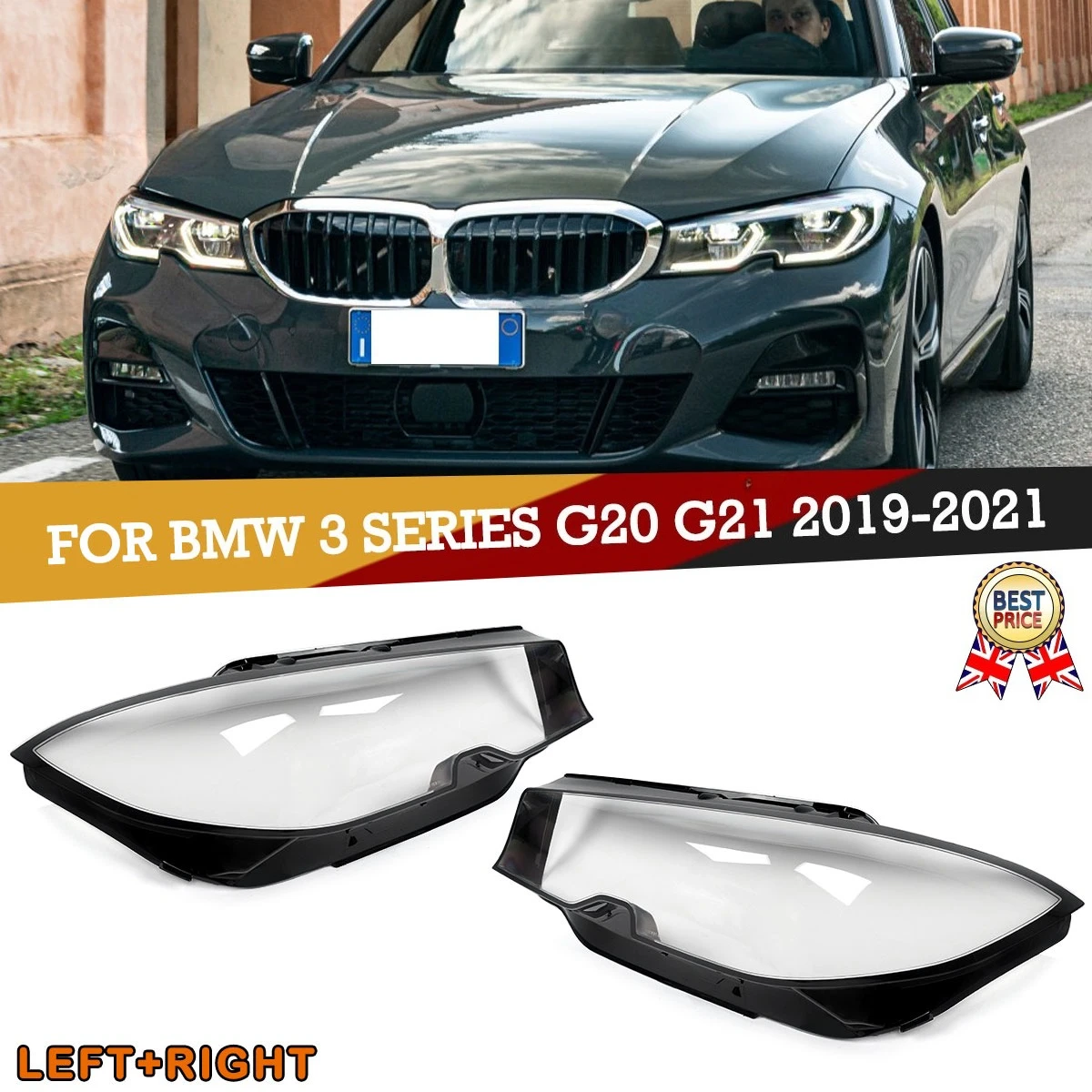 Copertura in plastica per lente faro anteriore per BMW Serie 3 G20 G21 316d 330d 2019-2021 Sinistra+Destra Guscio trasparente per faro auto