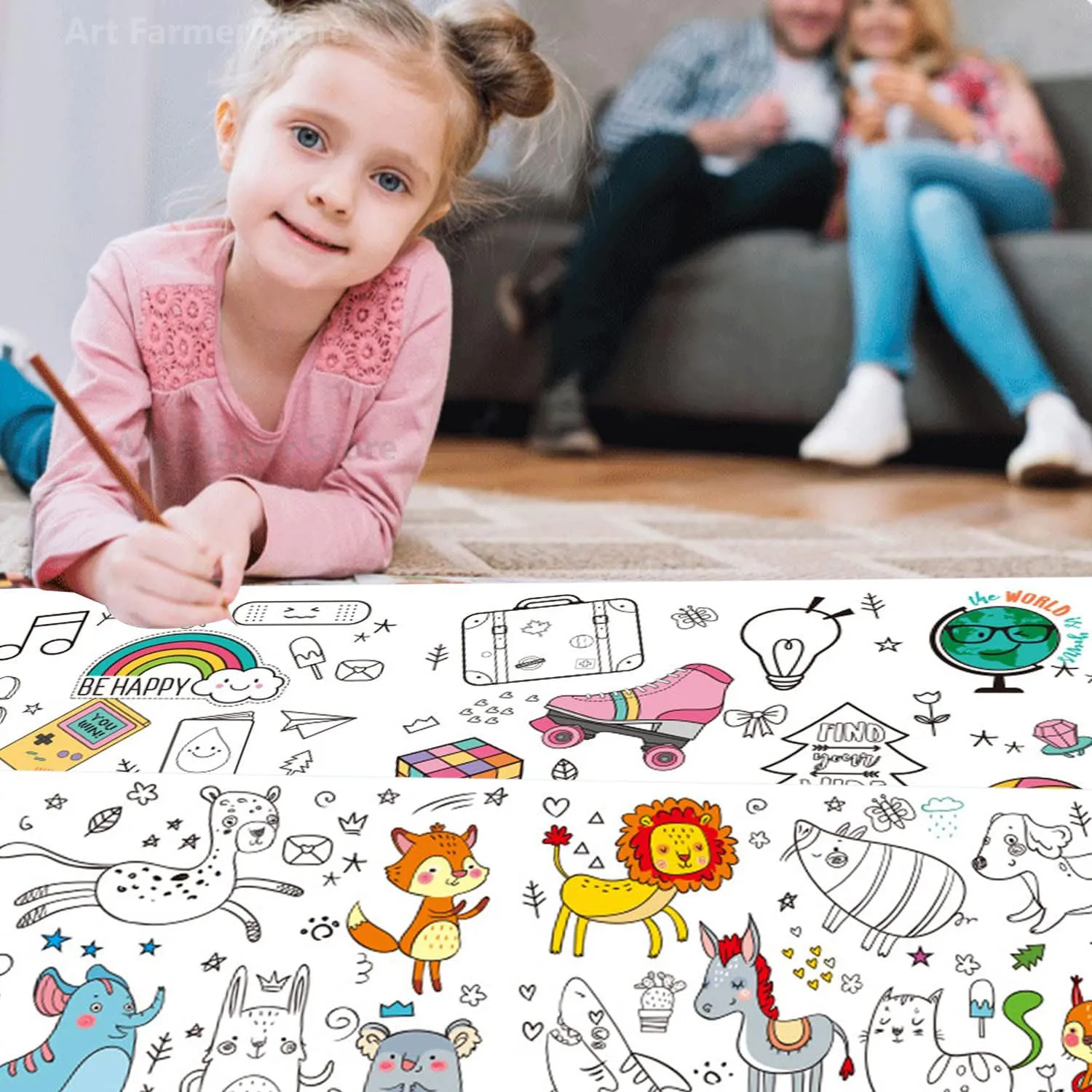 90cm Animal Canvas Children's Drawing Roll DIY Coloring Paper Roll Color Filling Graffiti Paper-cut Painting Educational School