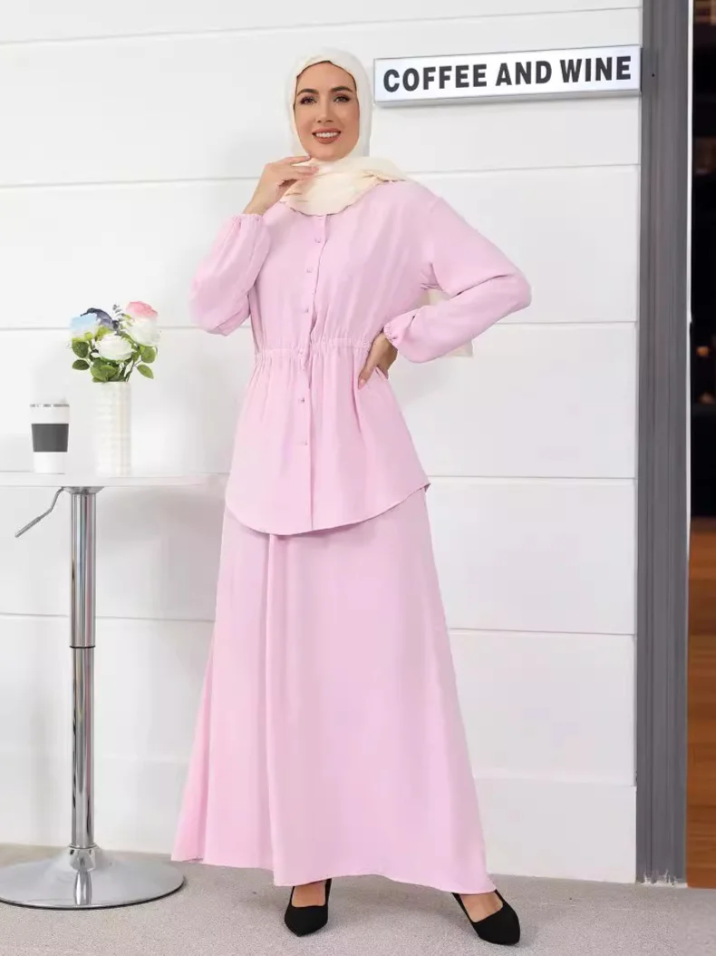 Ramadan Muzułmanki Dubaj Dwuczęściowy Zestaw Sukienka Guziki Topy Spódnica Garnitur Abaya Arabski Kaftan Islamskie Garnitury Eid Turcja Casual