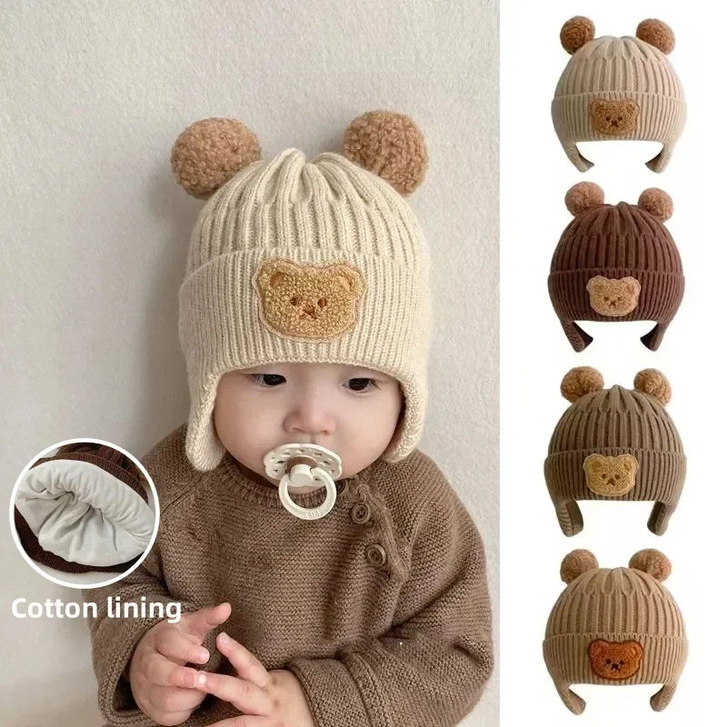 Winter Baby Beanie Cap Cartoon Bear Ear Protection Knitted Hat for Toddler Boys Girls Cute Korean Warm Kids Crochet Hats Gorros