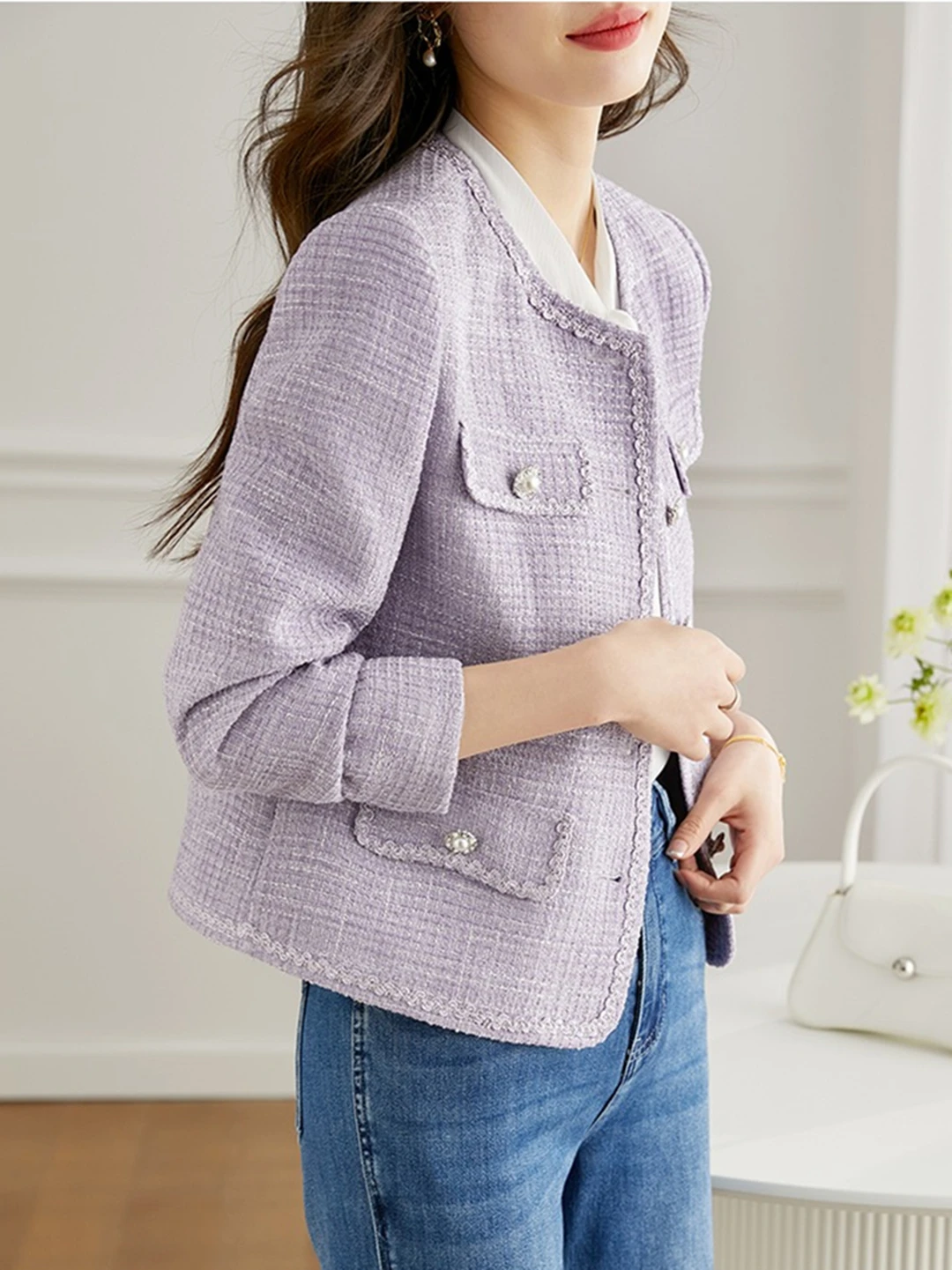 New Autumn Winter Women Single Breasted Slim Jacket Coat High Quality Elegant Lace Edge Lavender Purple Tweed Jacket