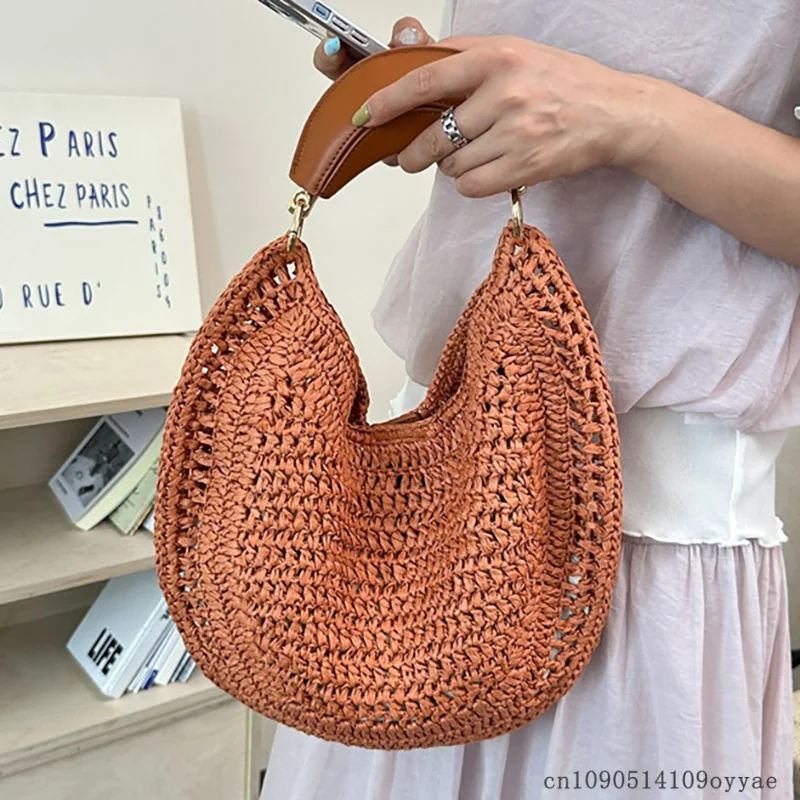Seaside Vacation Style Woven Bag New Women's Bag Bohemian Half Moon Straw Bag Fashion Beach Handbag Large Capacity Travel Tote - view 2