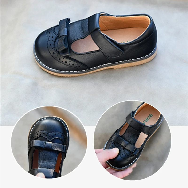 Spring Genuine Leather Baby Girls School Shoes Autumn Sweet Bow Soft Cowhide Children\'s Casual Baroque Kids Leather Shoes