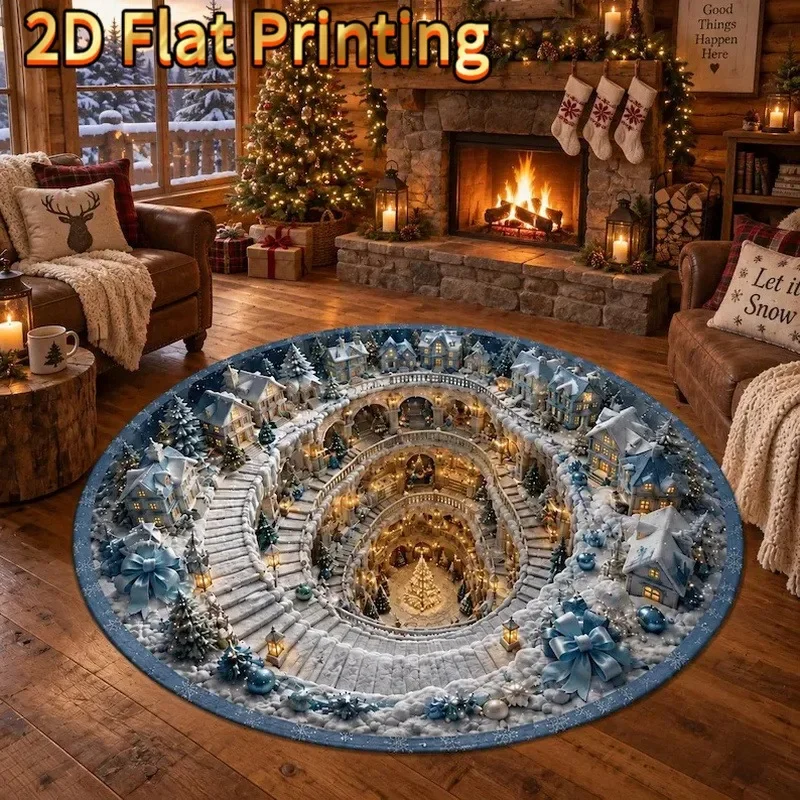 Christmas Village Spiral Round Rug Blue White Snowy Town Descending Stairs Scene