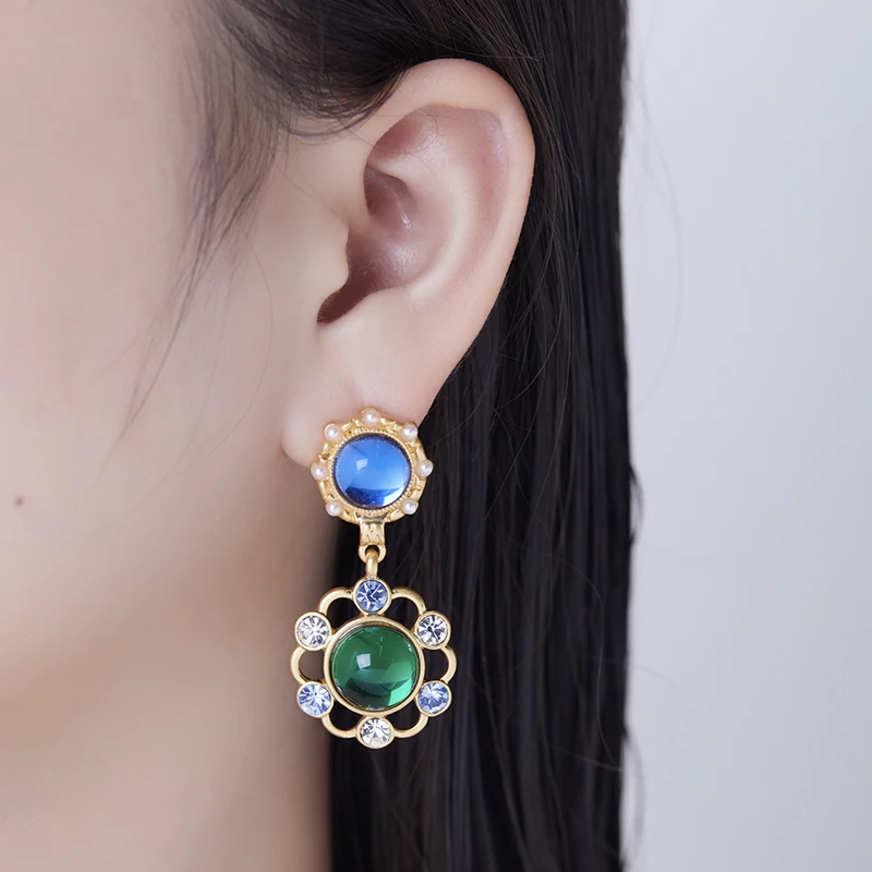 LEWIS SEGAL Skeleton Drop Blue Emerald Dangle Earrings for Women Luxury Medieval Style Fine Jewelry 18K Gold Plated