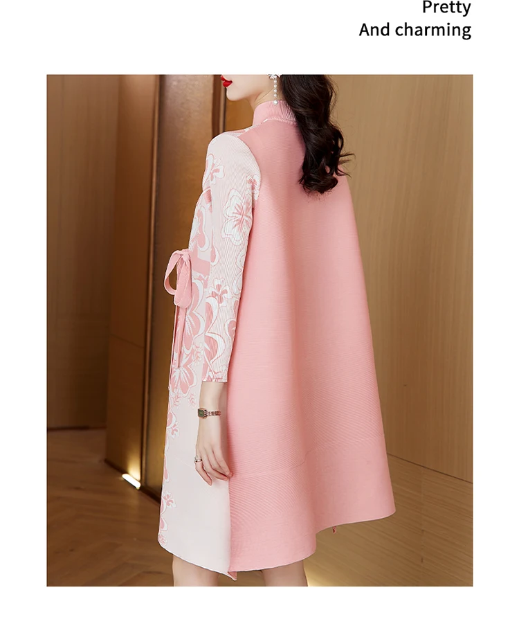 Pleated Dress 2023 Autumn New Standing Collar Printed Button Cardigan Loose Large Slim Covering Belly Fashion Dress