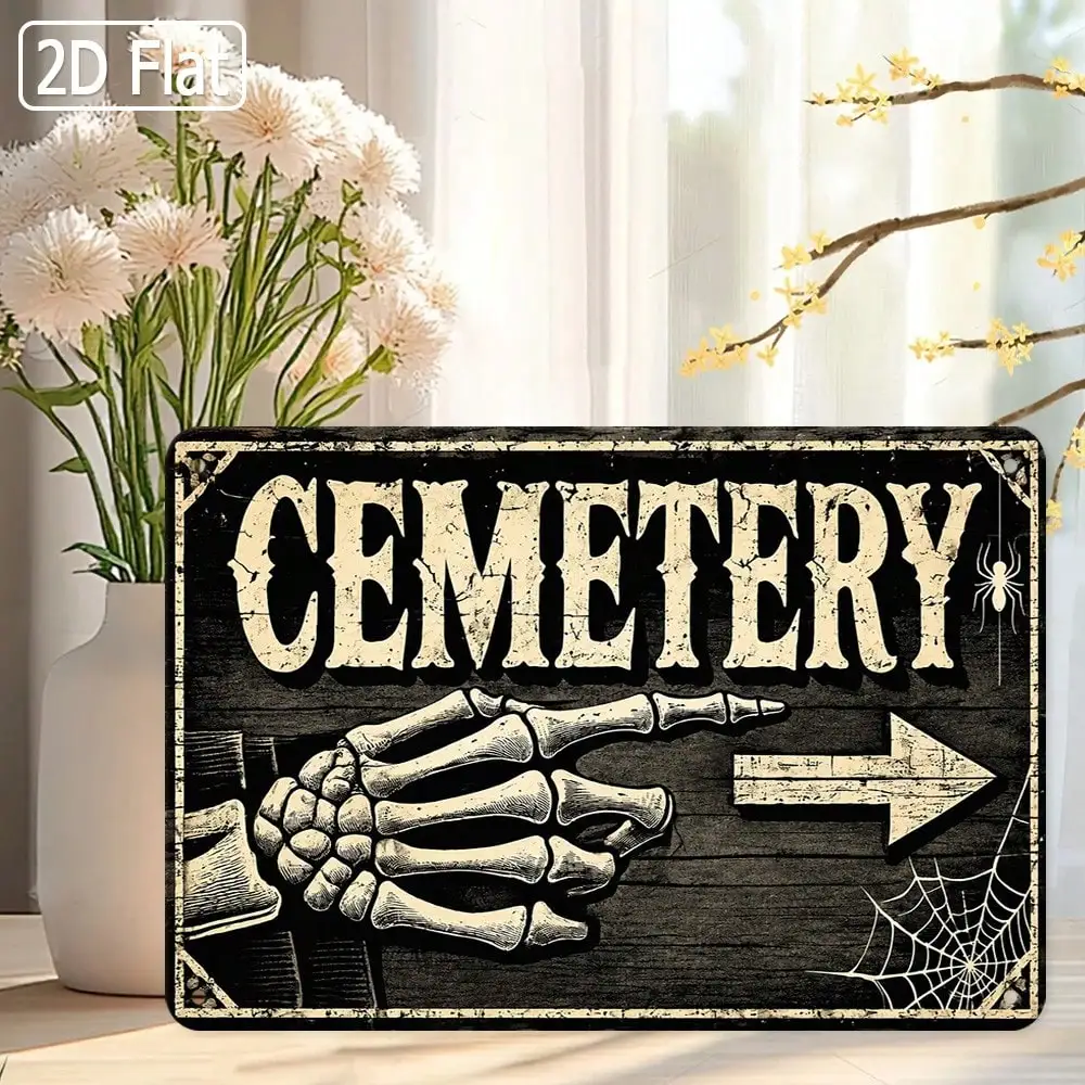 1pc 2D Flat Tin Sign - Vintage Cemetery Arrow Skeleton Hand Retro Tin Sign, Decor For Halloween Haunted House, Graveyard Decor, Party, Yard, Gothic Home, Suitable For Halloween Lovers, Gothic Fans, Haunted House Decorators, Party Planners, Home Decor
