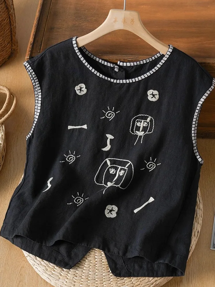 Retro Cartoon Ricamo Gilet di lino da donna Svel Top Anti-età Irregolare oulder Pad Estate Nuovo Sle Pendolarismo Sle