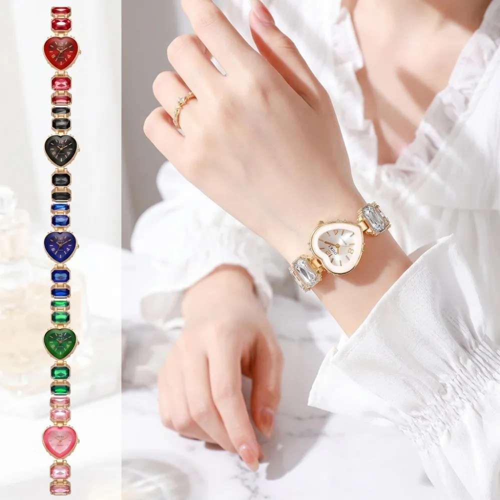 Heart Shaped Dial Crystal Candy Quartz Watch Colorful Quartz Movement Adjustable Bracelet Rhinestone Bracelet Watch Elegant