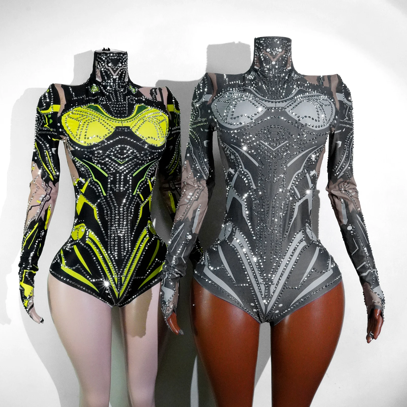 

Hightech Highneck Longsleeved Rhinestone Stage Performance Tight-fitting Dress Birthday Party Nightclub Dance Drag Queen Costume