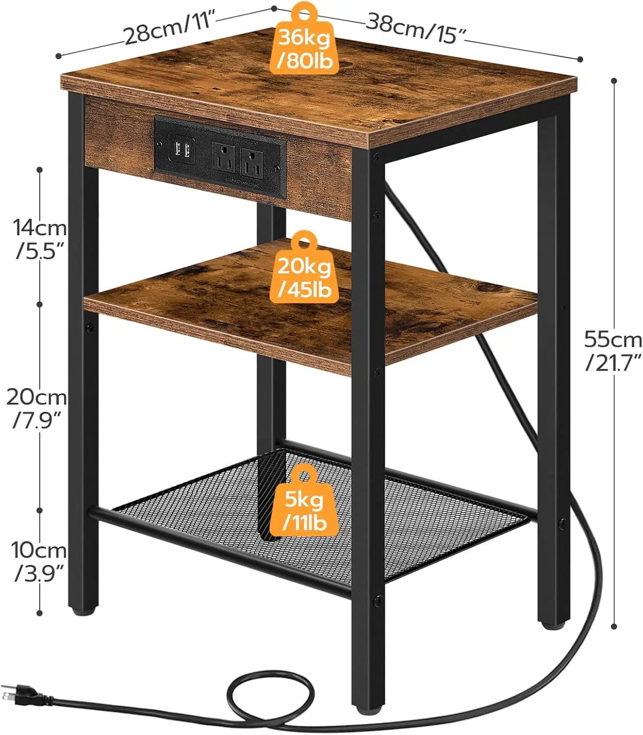 

End Tables Set of 2 with Charging Station and USB Ports, 3-Tier Nightstands with Adjustable Shelf, Small Side Tables
