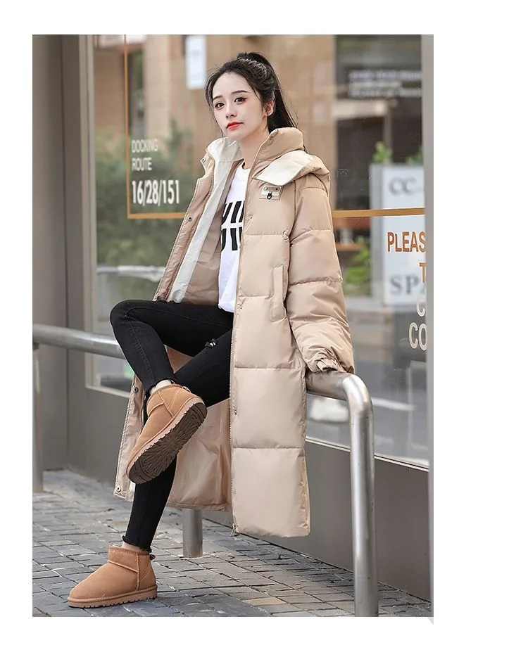 Long Hooded Puffer Coat Women Contrast Collar Warm Quilted Parka Zip‑Up Loose Windproof Winter Outerwear Ladies Padded Jacket