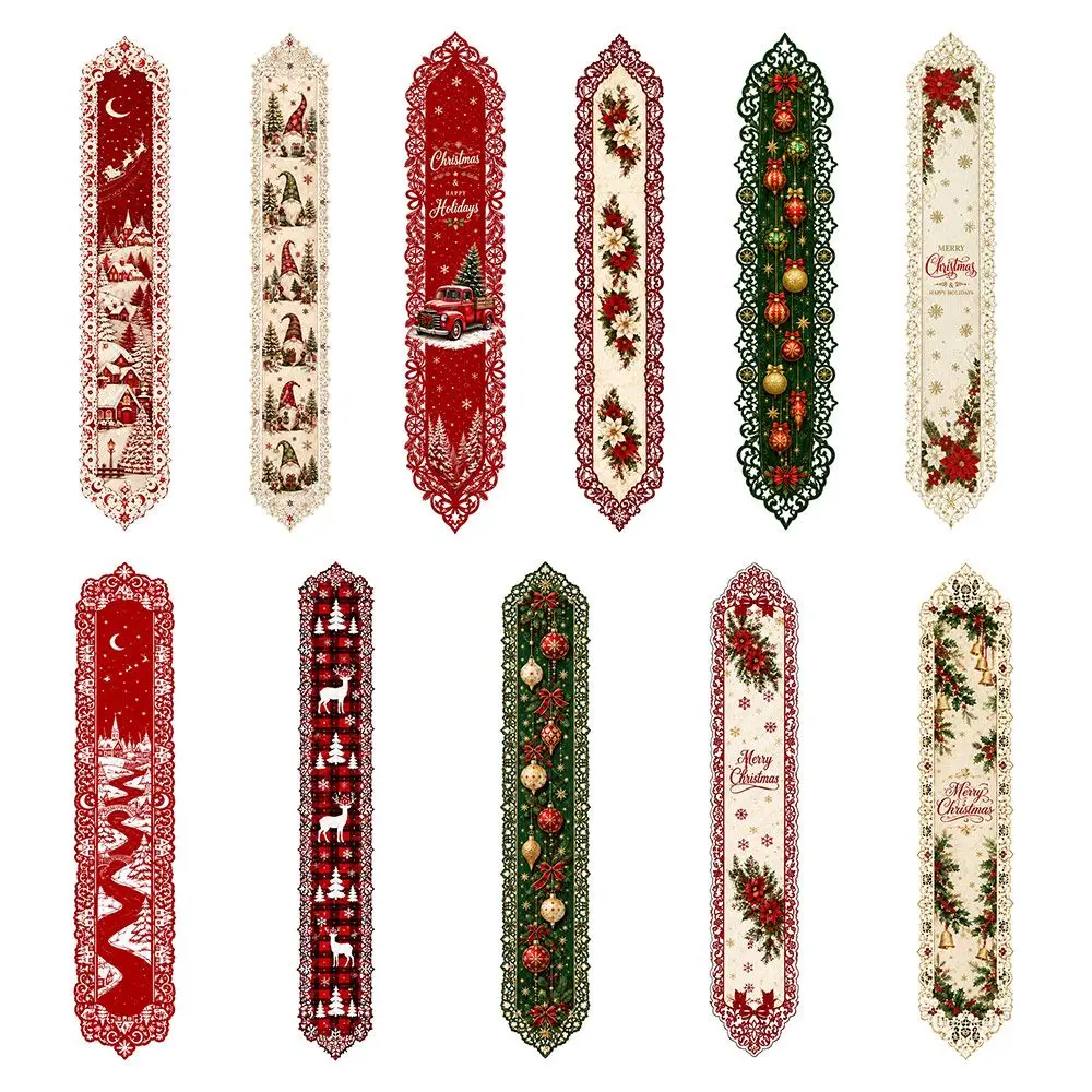 New Lace Edge Christmas Table Runner Christmas Print Classic Hollow Holiday Table Runner Table Cloth Flag Festive Table Decor
