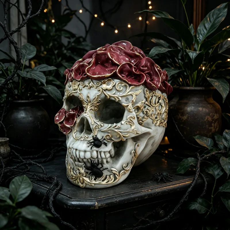 Halloween Sugar Skull Statue Day of The Dead Floral Skull Sculpture Resin Gothic Home Garden Decor Dia de Los Muertos Party Prop