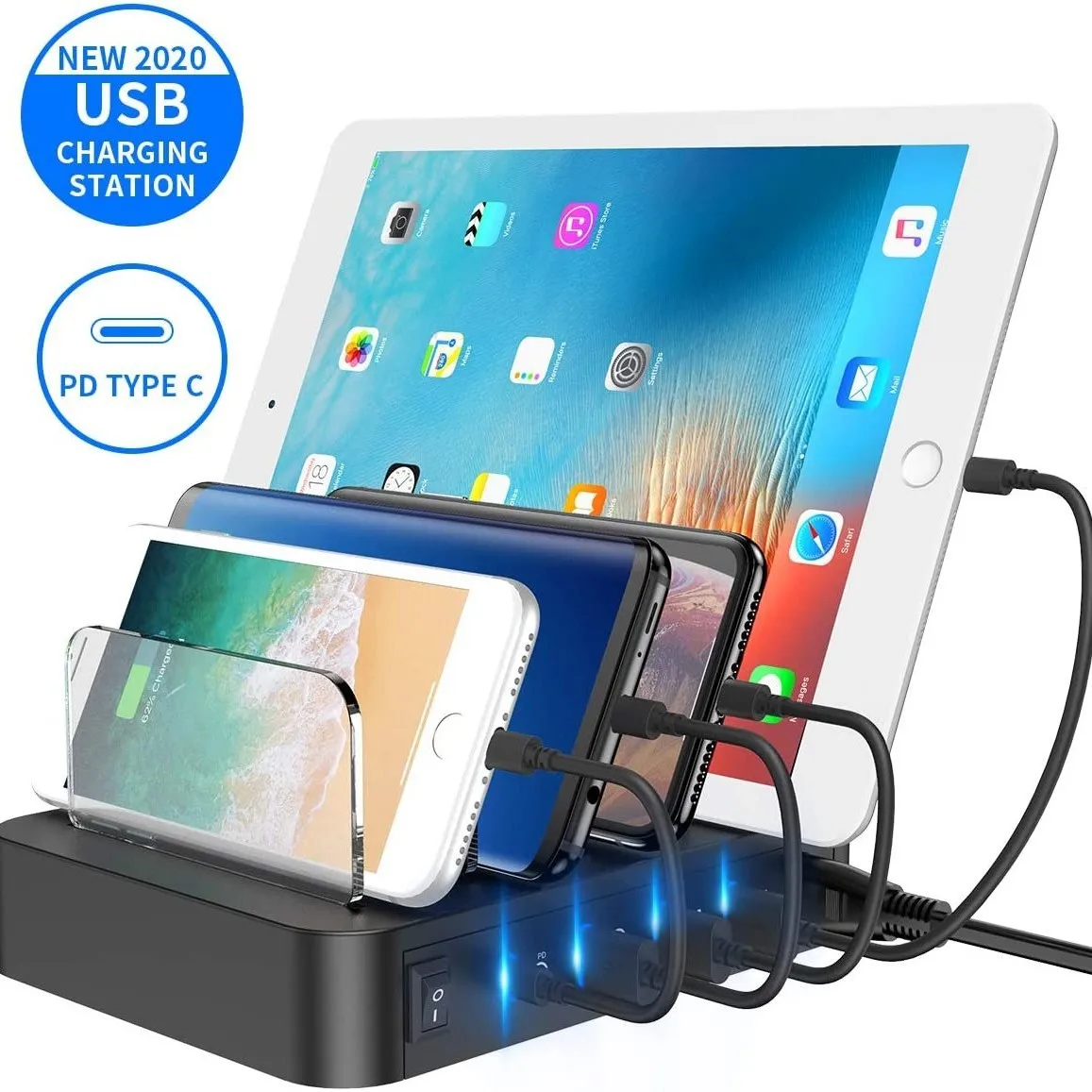 

4 Ports PD QC Fast Charger Station Multi Port USB Phone Charger Dock For iPhone Android Mobile Phone