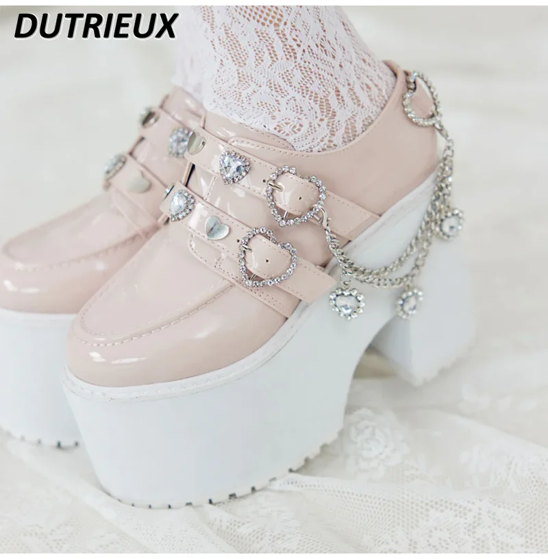 Japanese Lolita Style Rhinestone Love Chain Platform High Heels Mine Sweet Cute Women's All-matching Kawaii Pumps Shoes