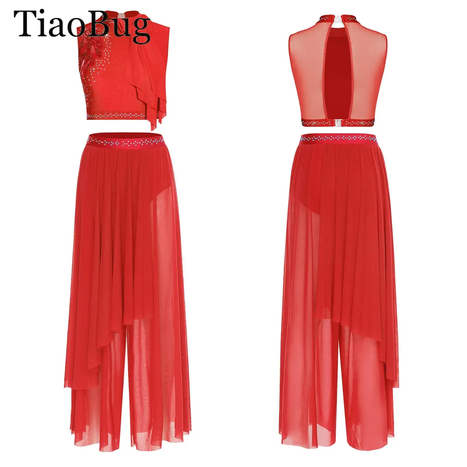 

Women Ballet Lyrical Dance Costume Sequin Embroidery Sleeveless Crop Tops And Mesh Wide Leg Pants Skating Contemporary Dancewear