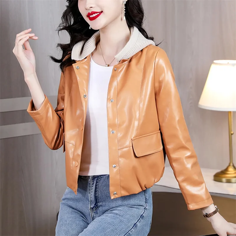 

Fashionable Hooded Leather Jacket Women Short 2024 Spring Autumn New Outwear Korean Trend Motorcycle PU Fur Coat Female Overcoat