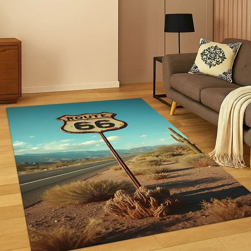 Retro Route66 America Mother Road Sign Carpet Rug for Bedroom Living Room Sofa Playroom Doormat Home Decor,Area Rug Non-slip