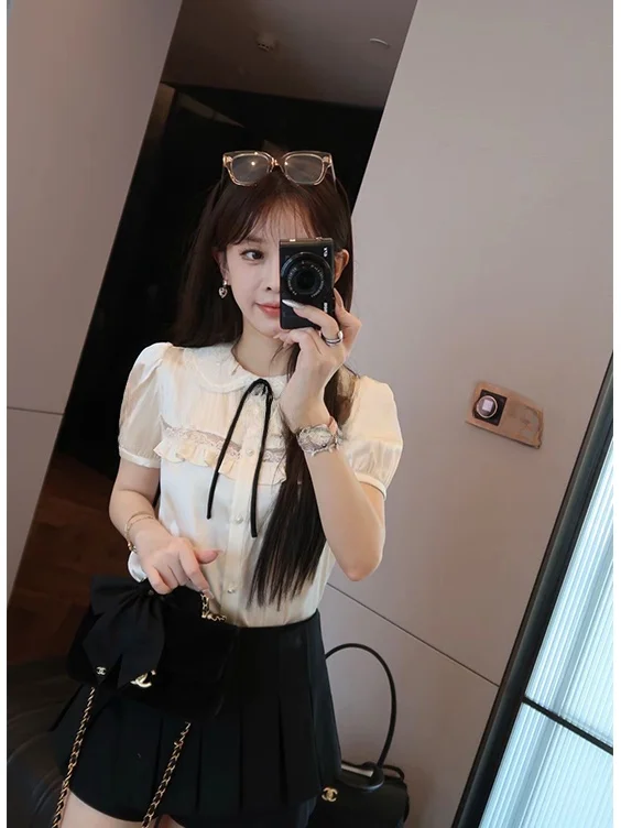 

Elegant Short Sleeve White Shirt Women's Summer Fashion Court Style Age-Defying Personality Gentlewoman's Shirt Luxury Top