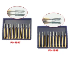 10 pz/scatola frese in carburo dentale frese per taglio a corona in acciaio al tungsteno per manipolo ad alta velocità FG-1957/FG-1958