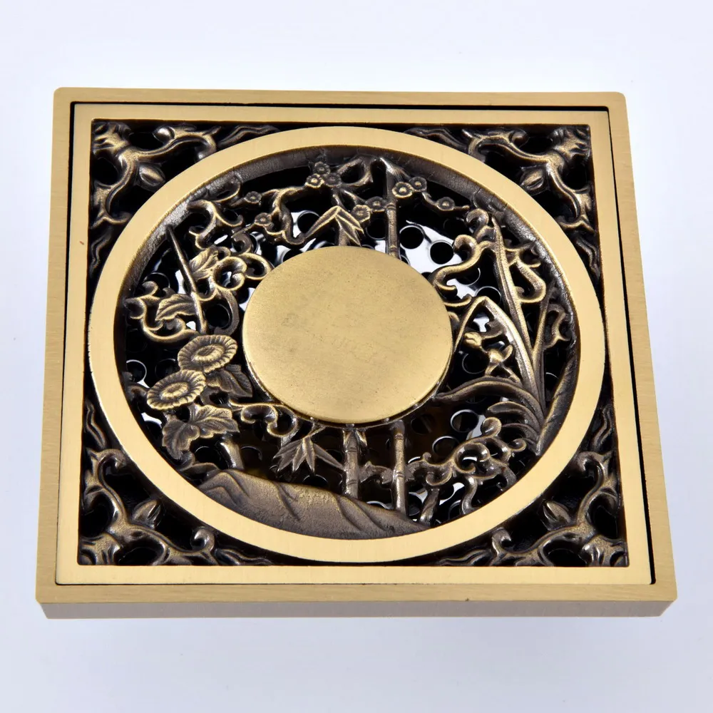 Antique Brass Carved Flower Pattern Bathroom Shower Drain 4