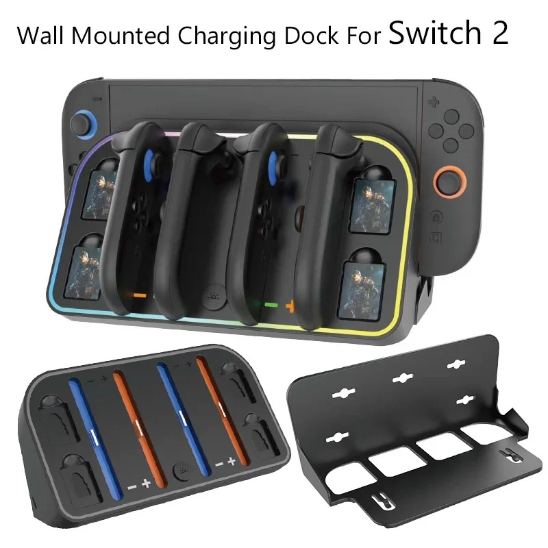 

Настенное зарядное устройство, док-станция для Switch 2 для контроллера Joycon, зарядная станция с 4 слотами для игровых карт и красочной RGB-подсветкой