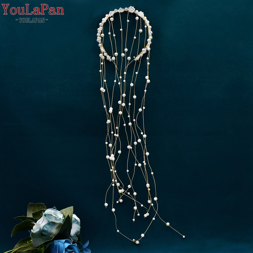 

YouLaPan Pearls Tassels Headband for Bridal Pearl Tiara Wedding Hair Accessories Beaded Tassels Bride Jewelry Headwear HP610