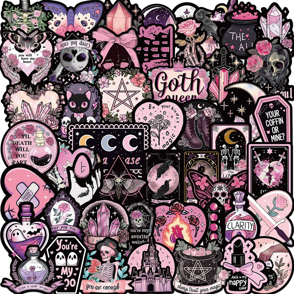 

10/30/50pcs Vintage Black and Pink Magic Witch Graffiti Stickers Skull Decal DIY Suitcase Laptop Fridge Cartoon PVC Sticker Toys