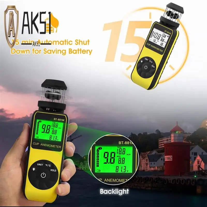 

AK51-BT-881M Цифровой анемометр Измеритель ветра — портативный с 360° ° Вращение для измерения скорости и температуры ветра