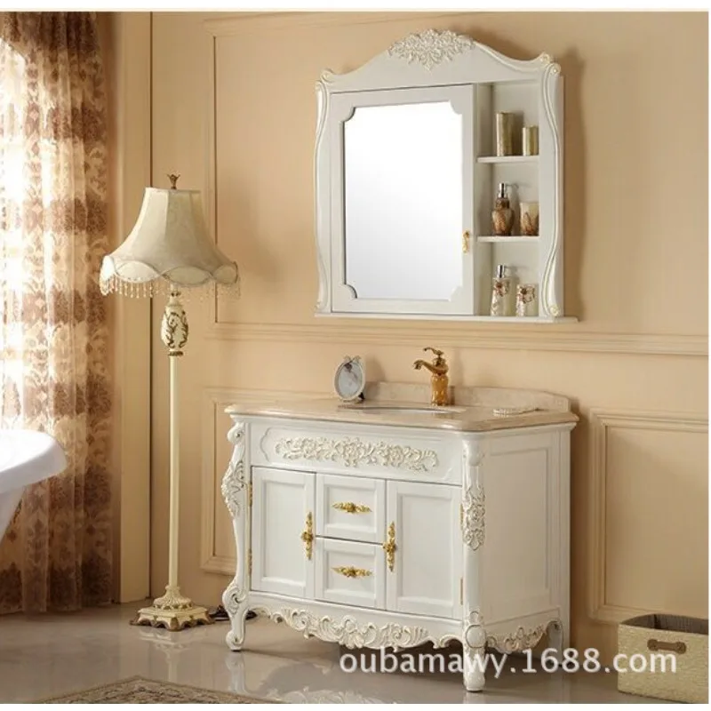 Washbasin cabinet combination European bathroom cabinet Solid wood oak Marble basin Toilet locker