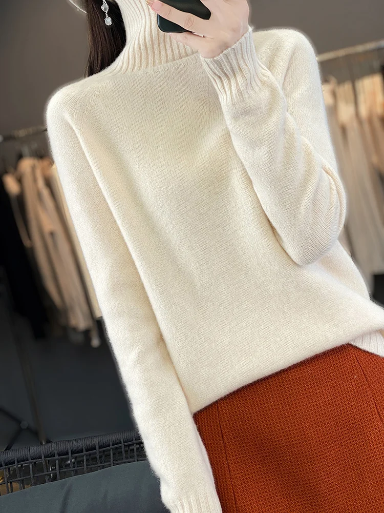 

Autumn Winter Thick Women 100% Merino Wool Sweater Turtleneck Pullovers Casual Korean Style Cashmere Knit Bottoming Clothing