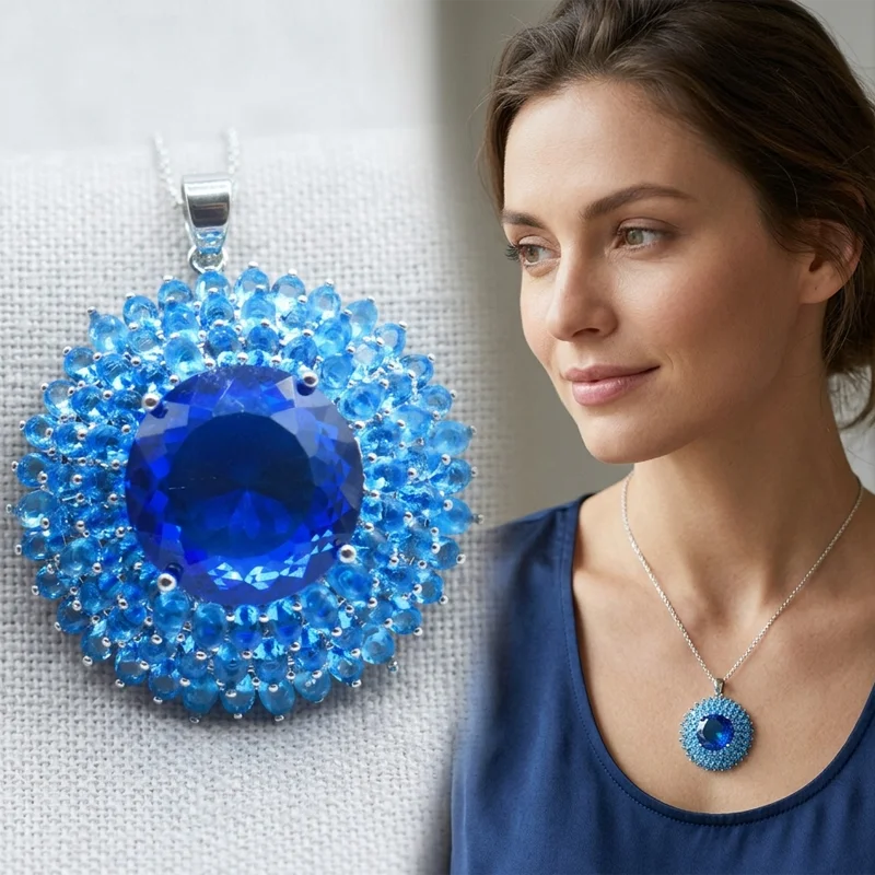 SheCrown 50x40mm 19.6g Big Gemstone Rhodolite Garnet Swiss Blue Topaz Green Amethyst Women Dating Silver Pendant