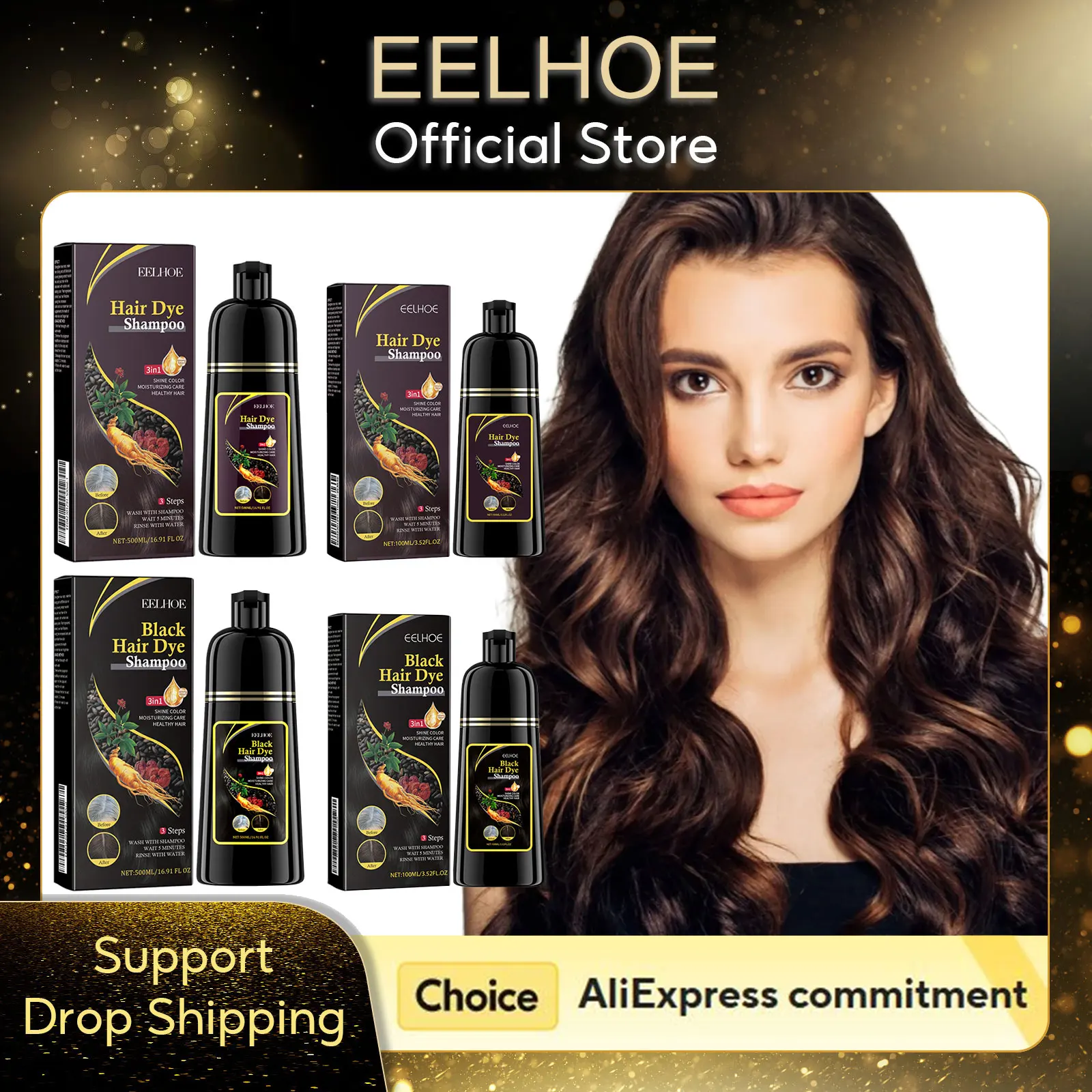 EELHOE White Hair Darkening Shampoo Covers Gray Hair Dye Cleaning Smooth Ginseng 3 in 1 Strengthen Hair Shampoo Color Changing